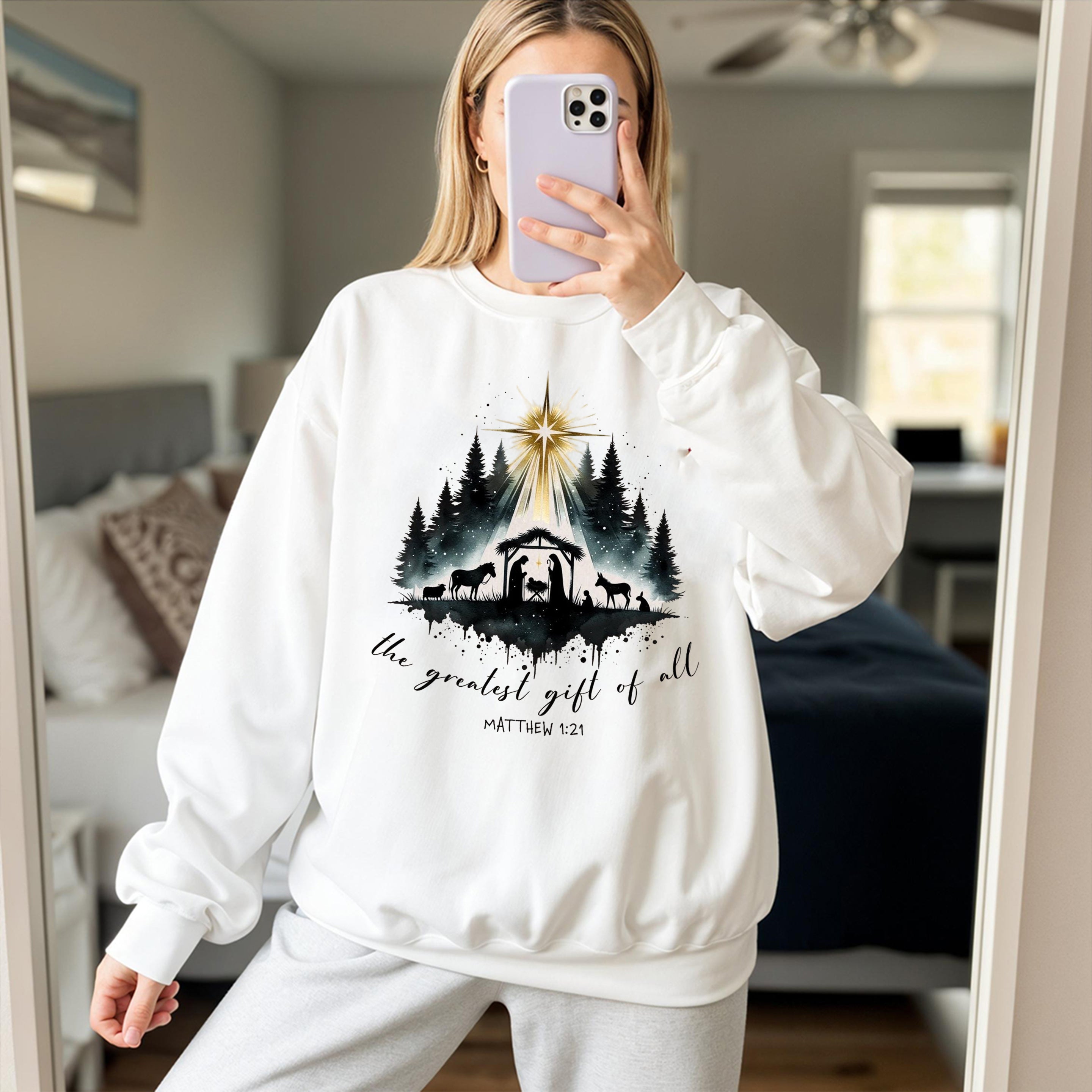 Christian Nativity Sweatshirt, The Greatest Gift of All Sweater, Matthew 1:21 Bible Verse Shirt, Religious Christmas Outfit, Faith Based Gift